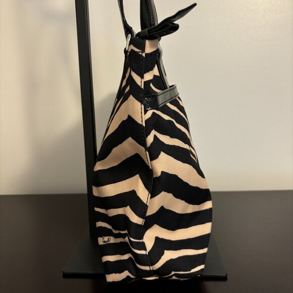 Coach Black & Tan Zebra Print Canvas Black Patent Leather Tote - Picture 3 of 10